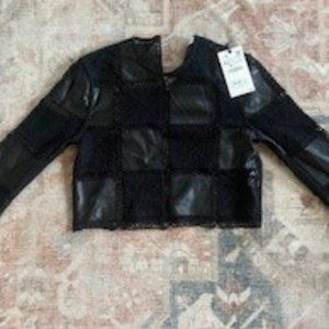 Zara black long sleeve black lace/leather blouse/shirt